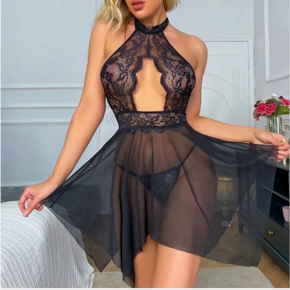 Sexy Lingerie Women Lace Halter See Through Backless Sleepwear Underwear Thong - Picture 1 of 6